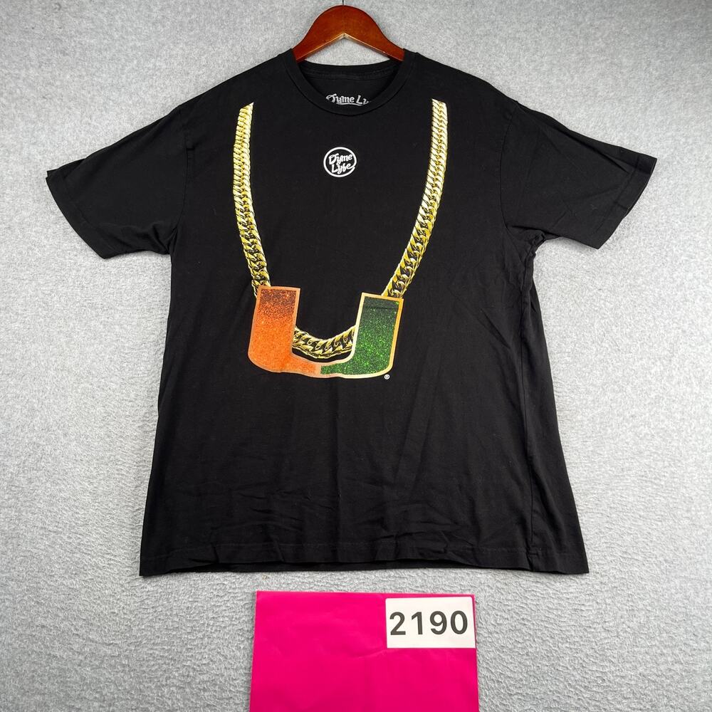 University of Miami UM Gold Turnover Chain Print T Shirt Black Large Logo Mens